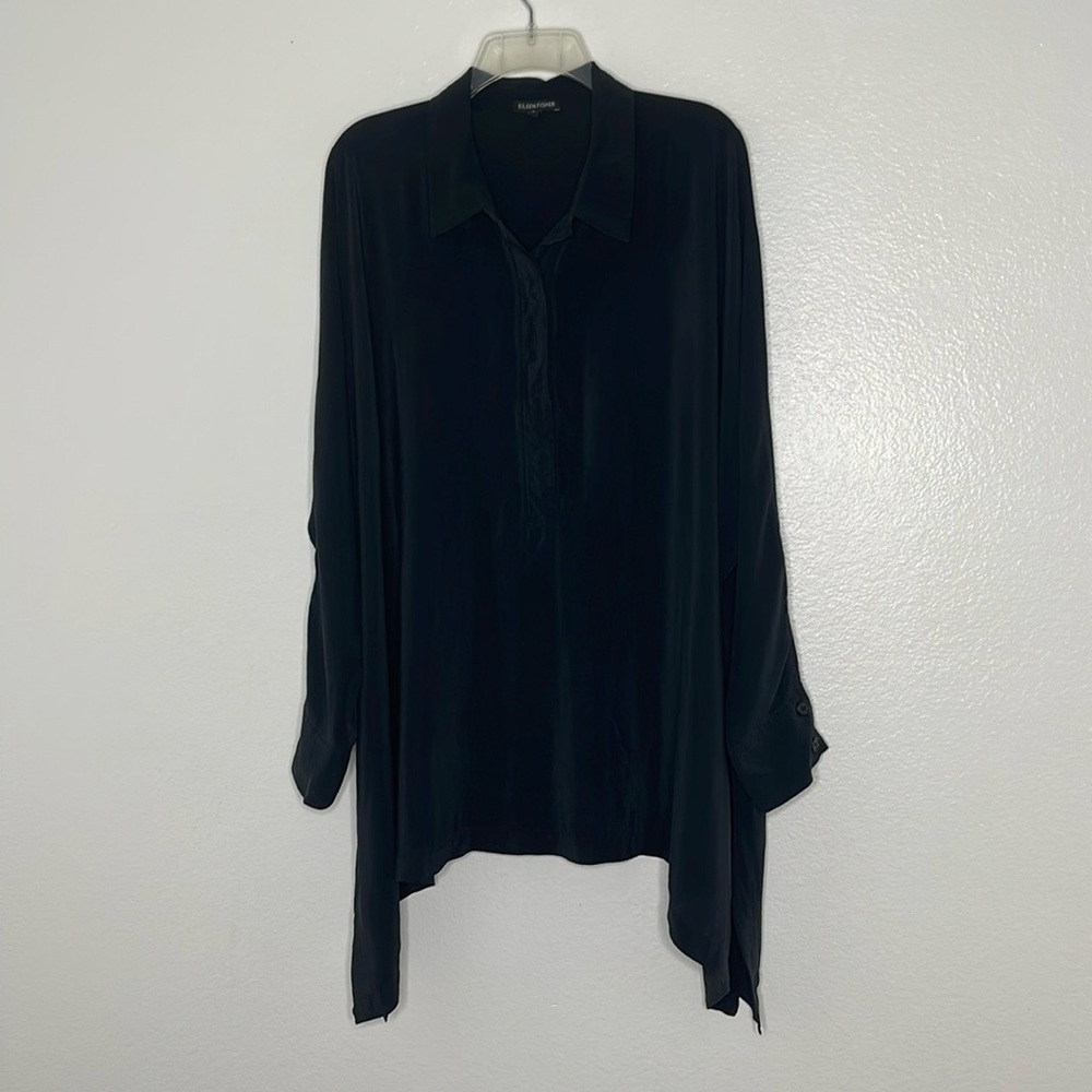 EILEEN FISHER Oversized 100% Silk Popover Tunic Collard Blouse Black Size Large